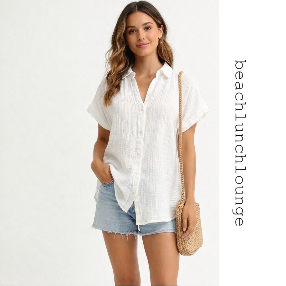 Beachlunchlounge Nika White Gauze Cuffed Sleeves Button Down XS VGC Summer